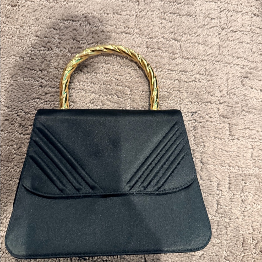 Vintage Black Satin O’Dea Bag with Evening Bag with Gold-Twist Top-Handle